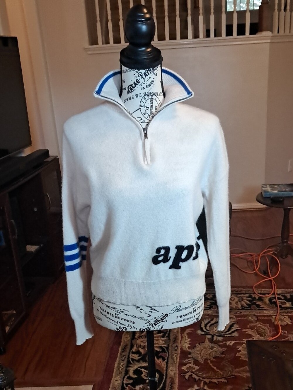 Skull Cashmere "Apres-ski" Cream Half-Zip Sweater with Blue Stripe Accents - Picture 2 of 8